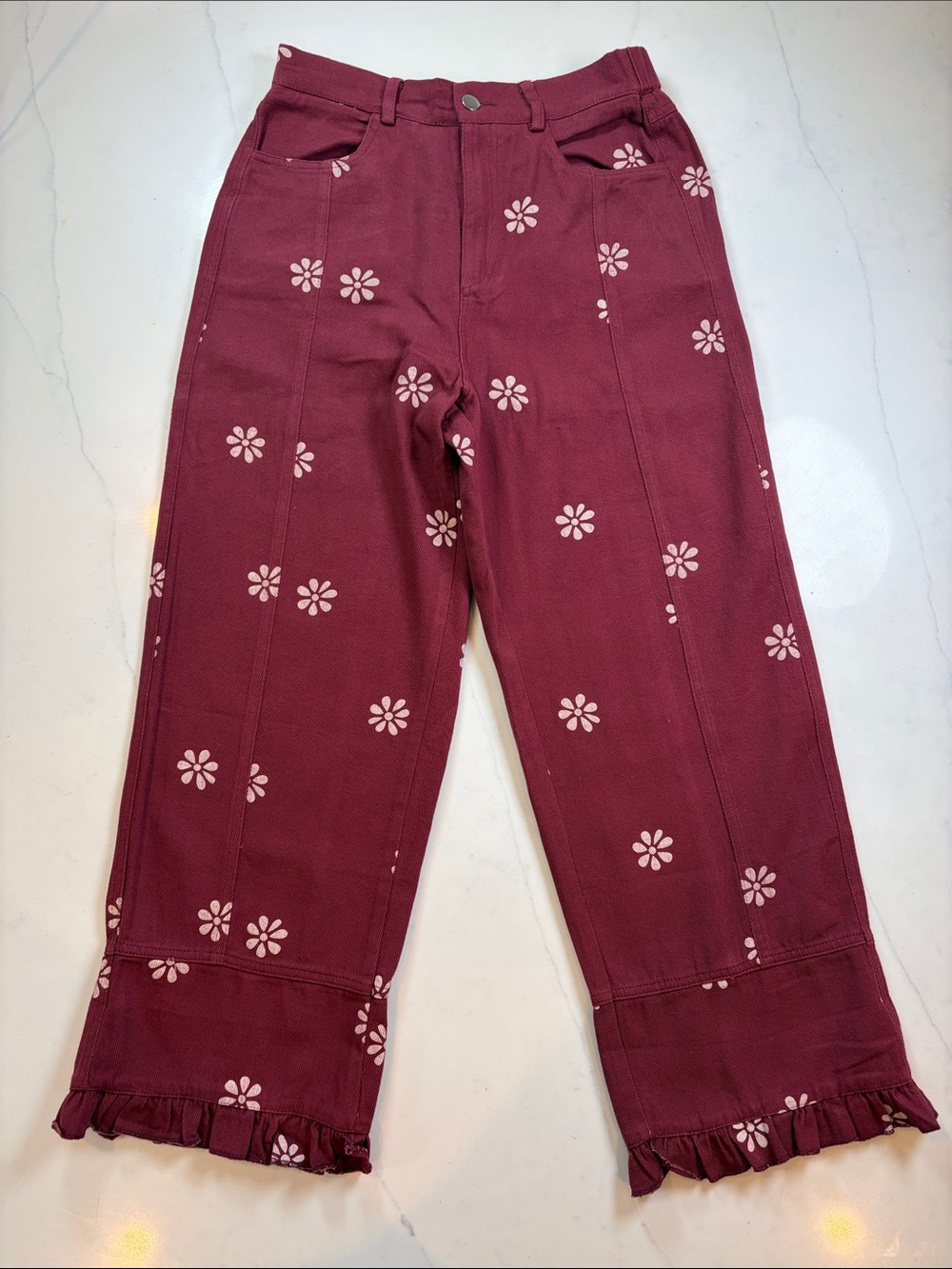 Burgundy Floral Ruffle Hem Pants